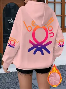 Women's Casual Sport Hoodie, Benetton Brand Logo Print, Fall & Winter Fitted Pullover, Warm Thickened Classic Basic Top