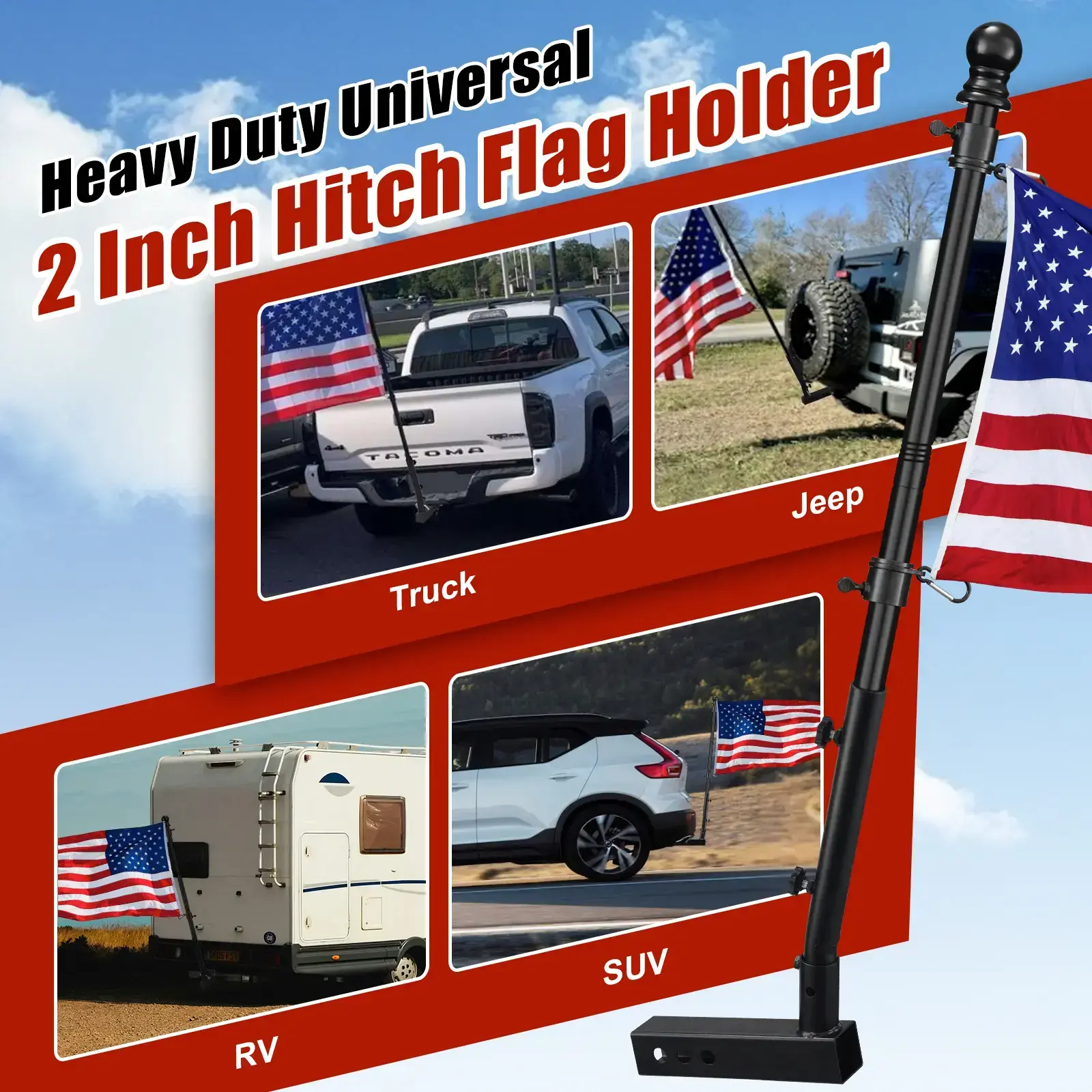 Truck Flag Pole with Hitch Holder – 5FT Heavy Duty Flagpole Mount Kit for Tow Hitch, Dual Angle Mount, Long Protect Sleeve Windproof Design for Trucks, Jeep & Trailer,Black