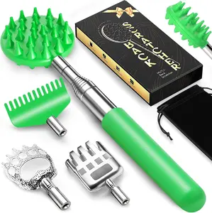 TUKUOS Telescoping Back Scratcher with 5 Detachable Scratching Heads, Rubber Handles, Anniversary Birthday Gifts for Men Women Green Back Scratcher for Men/Dad/Women/Adults