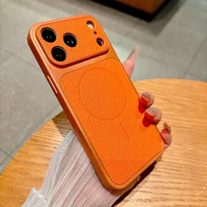 Magnetic Wireless Charging Phone Case for iPhone (Orange) - Brand New Luxury Upgrade for iPhone 17 Series, Orange Faux Leather Texture Wireless Charging Case, Compatible with iPhone 17/16/15/14/13/11 Pro Max, Magnetic Shockproof Soft Edge Case for iPhone