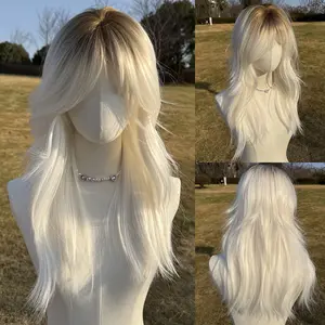 SMILCO 24Inch Ombre Blonde Ash Platinum Medium Curly Synthetic Wig SM417 Loose Wavy Wave Ombre Design for Natural Beauty