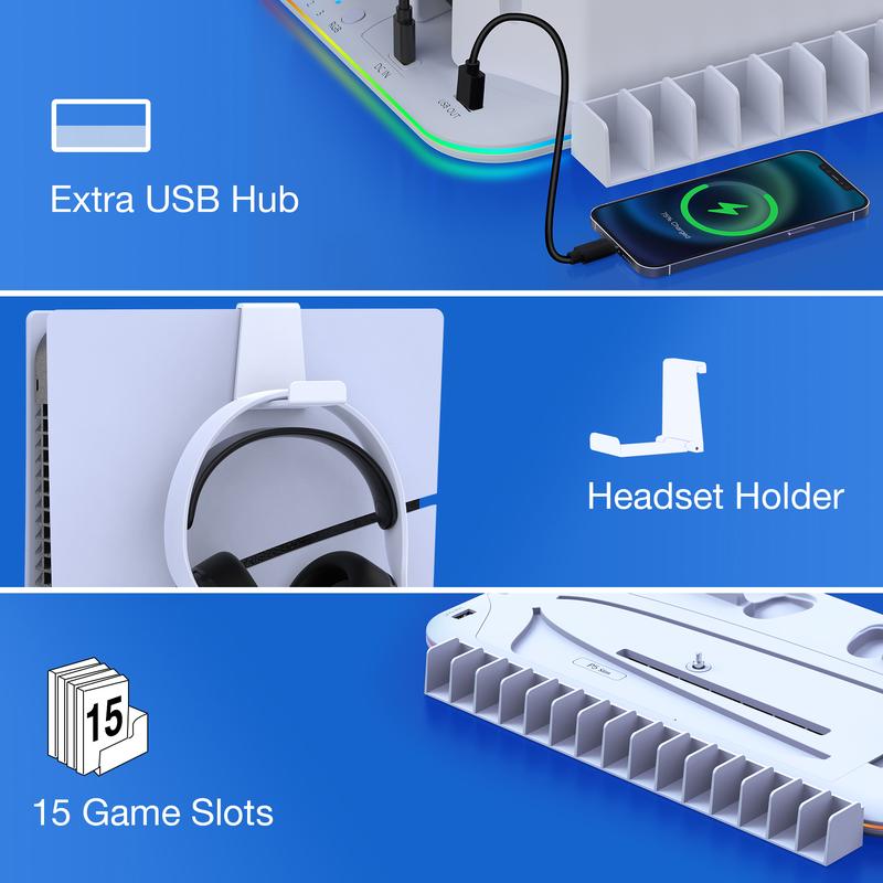 PS5 Stand and Cooling Station with Controller Charging Station for PS5 Slim, PS5 Accessories 3 Levels Cooling Fan, RGB Light, 15 Game Storage, Headset Holder for Playsation 5 Digital/Disc