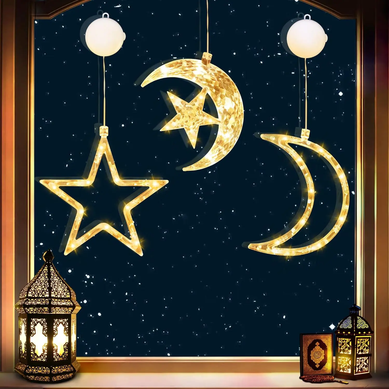 3Pcs Ramadan Decorations Moon Star Window Lights, Eid Mubarak Decorations with Suction Cup, Hanging LED Battery Operated Ramadan Lights Indoor Outdoor Eid Decor