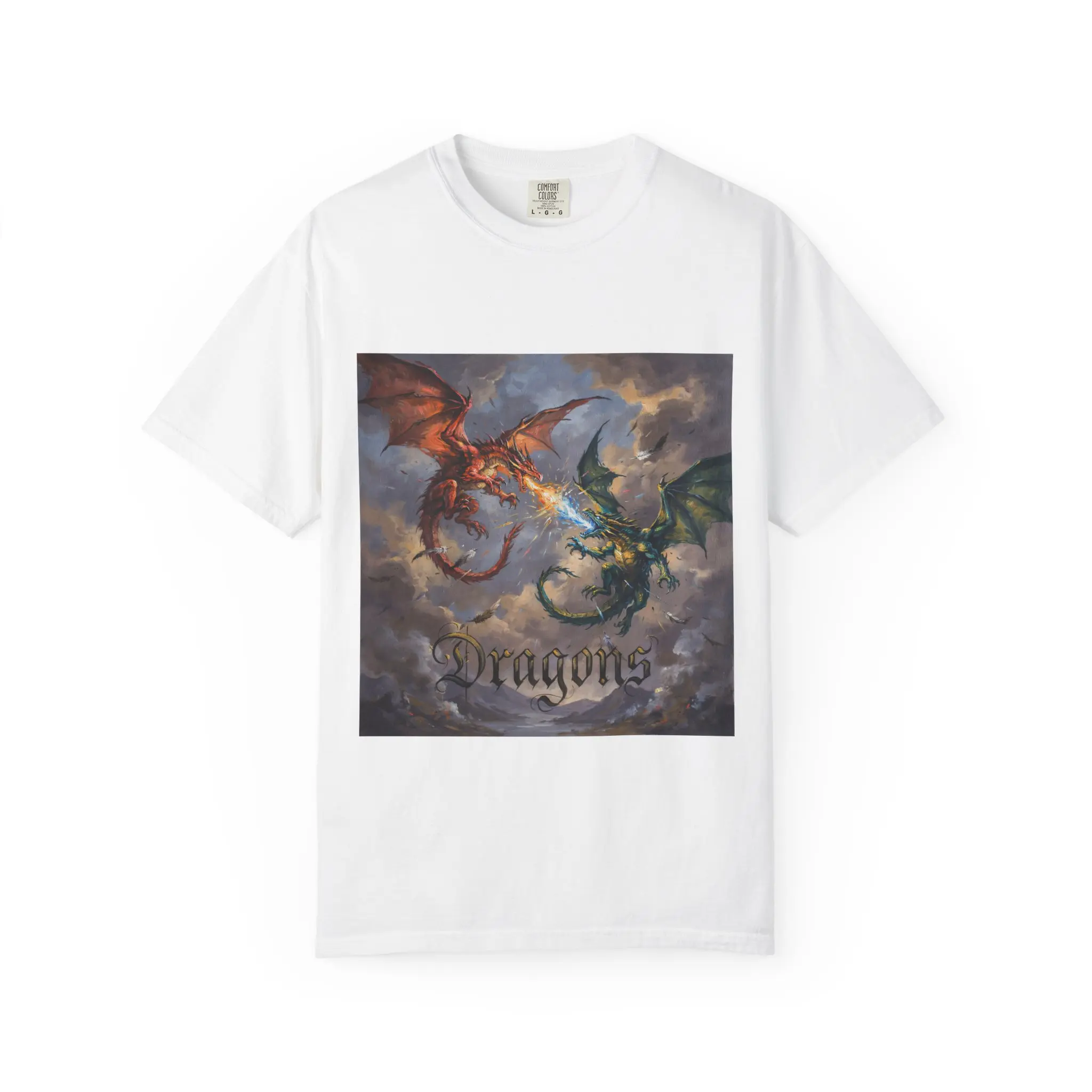 Two Battling Dragons T-shirt | Fantasy Dragon Artwork, Stormy Sky