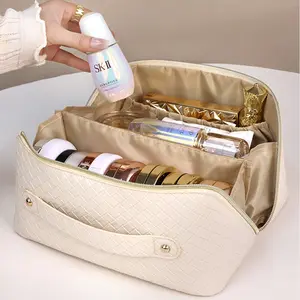 Travel Makeup Bag Organizer Cosmetic Bag: 3 Pcs Set Make up Bags for Women with Handle - Waterproof Vegan Leather Toiletry Bags Travel Essentials Pouch with Compartments