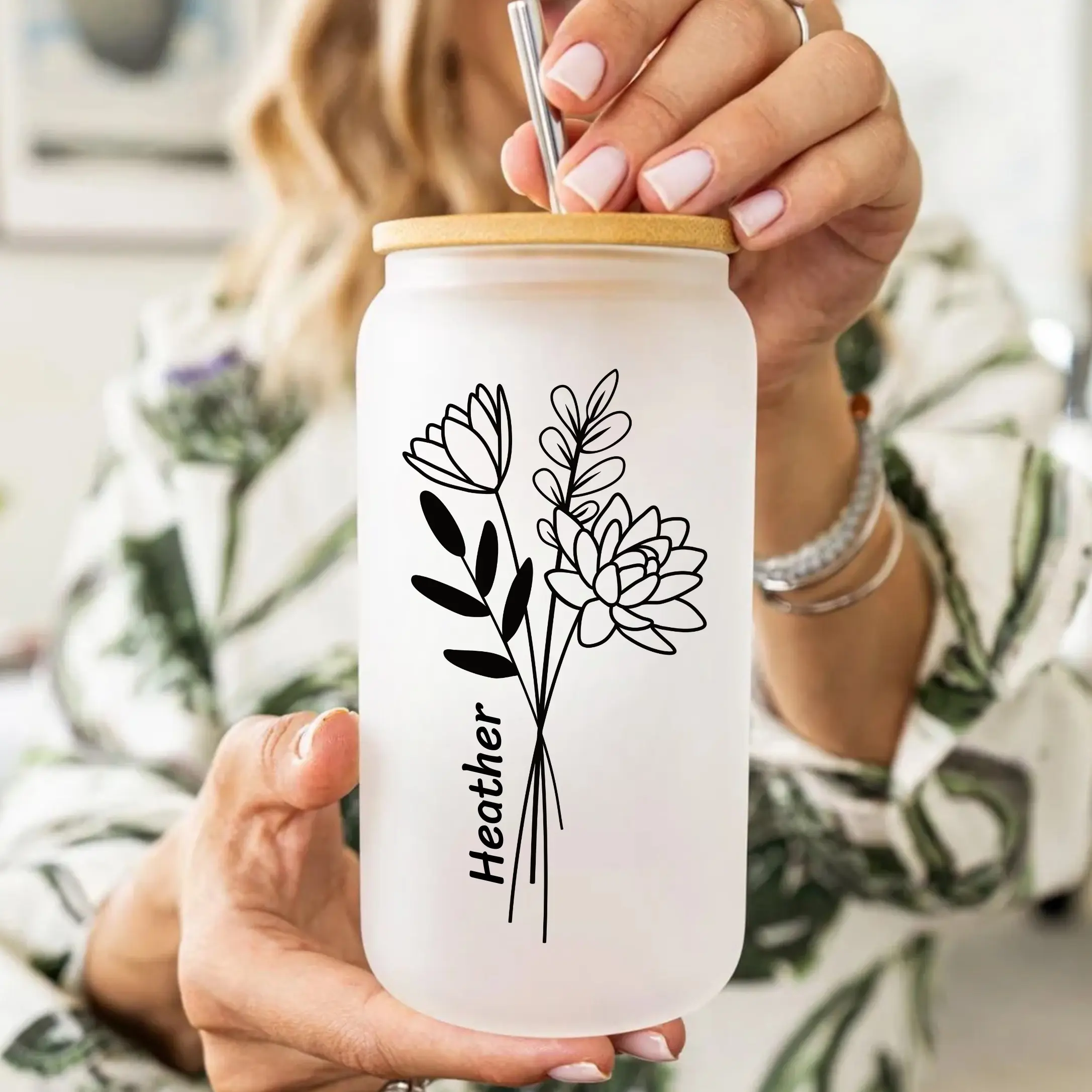 Personalized Birth Month Flower Frosted Glass Tumbler, Personalized glass tumbler, Personalized birth month tumbler.