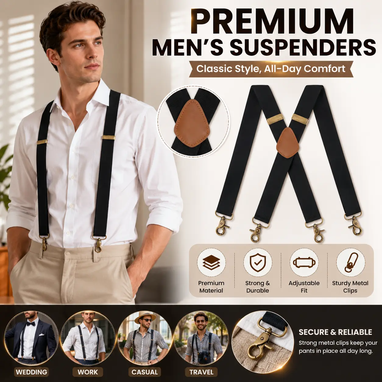 Heavy Duty Suspenders for Men Adjustable Elastic X-Back Braces 1.4 Inch Wide Strong Support All Day Comfort