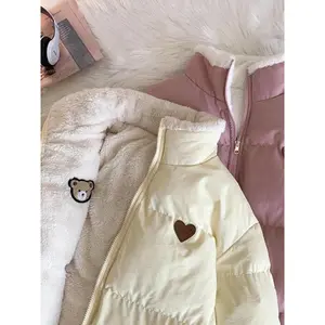 Cute Embroidery Women Parkas Coat Winter Thick Hairy Korean Loose Warm Jacket Double Sided Design Pink Student Clothes