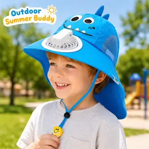 Children's sun hat with fan, cartoon animal anti-UV beach hat, lightweight adjustable wide brim hat, breathable and rechargeable, suitable for summer activities