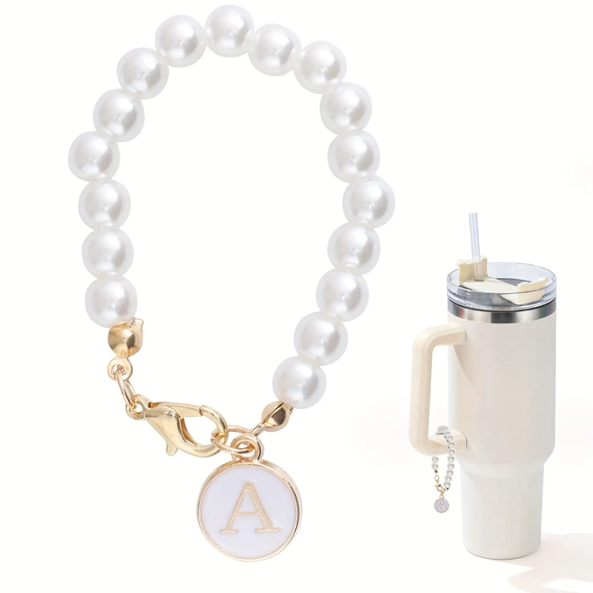 Tumbler Cups Charm, Cute Faux Pearl Decor Beaded Chain ID Letter Charm, Mug Charm, Initial Charm Accessory for Cups & Simple Modern Tumblers (Tumbler