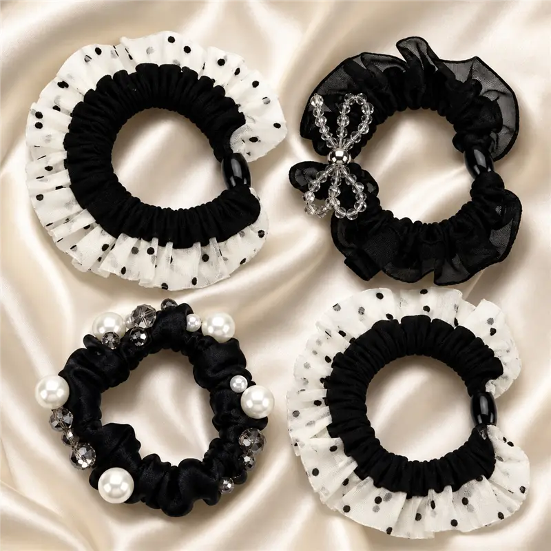 4Pcs Vintage Polka Dot Hair Scrunchies for Women, Ruffle Fabric Ponytail Holders Fashion Hair Accessories
