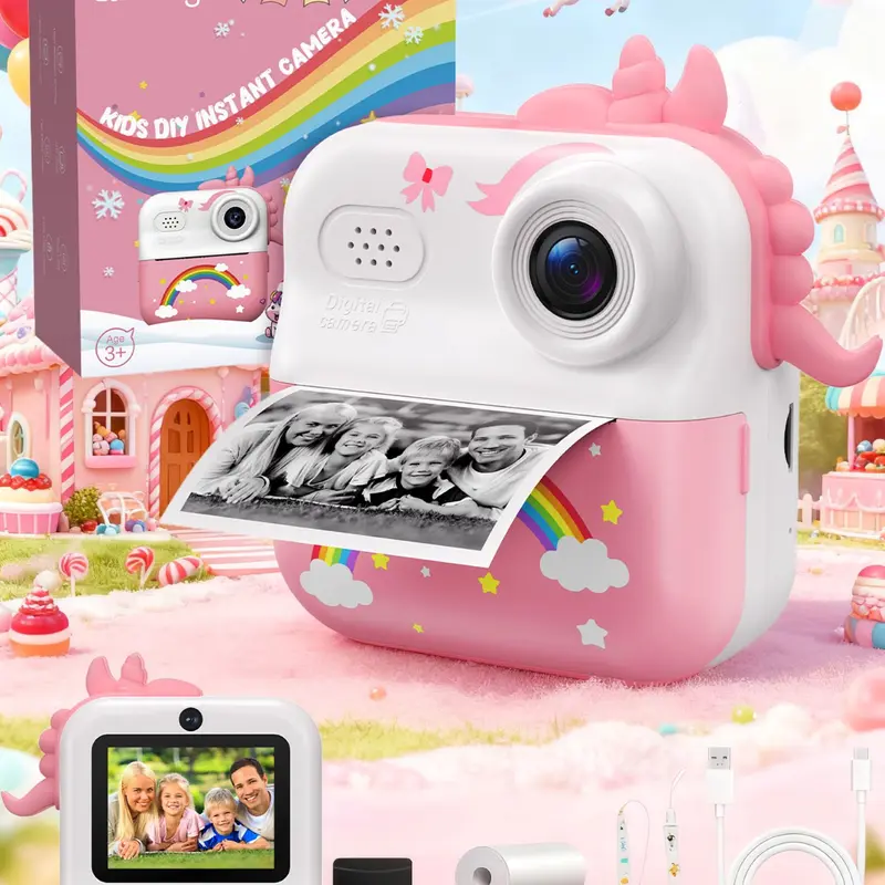 Kids Instant Print Camera – Portable Camera for Kids, 48MP HD Photos & 1080P Video, 2.4-Inch Screen, 32GB Card & Paper Included, Cute Travel Toy, Perfect Christmas Birthday Gift for 3-12 Year Old Girls Boys