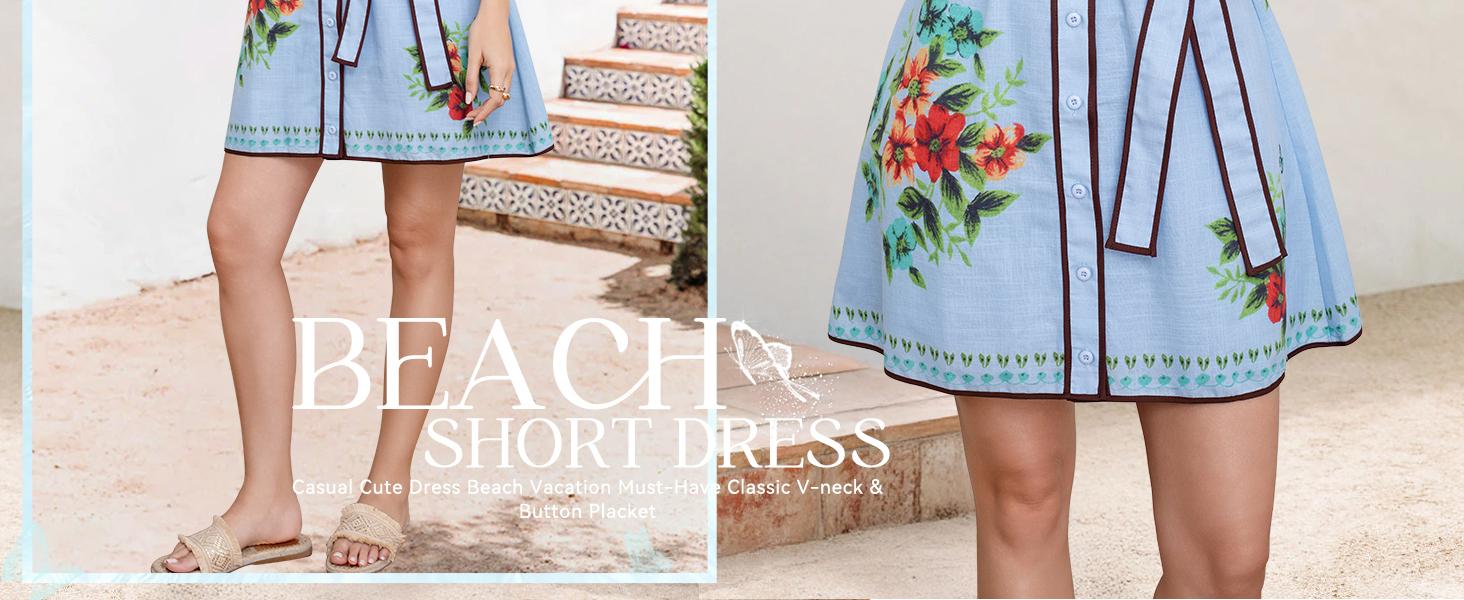 CHARTOU Women's Floral Linen Button Down Wrap Tie Knot Boho Beach Shirt Dress with Belt