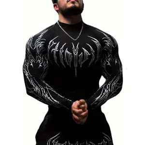 Men'S Compression Long Sleeve Shirt - High Neck Muscle Fitness Tee with Geometric Print, / Contrast Design, Stretchy & Slim Fit for Gym, Running, Basketball, Sports Apparel |   Sleek Athletic Shirt |   Comfortable Fit