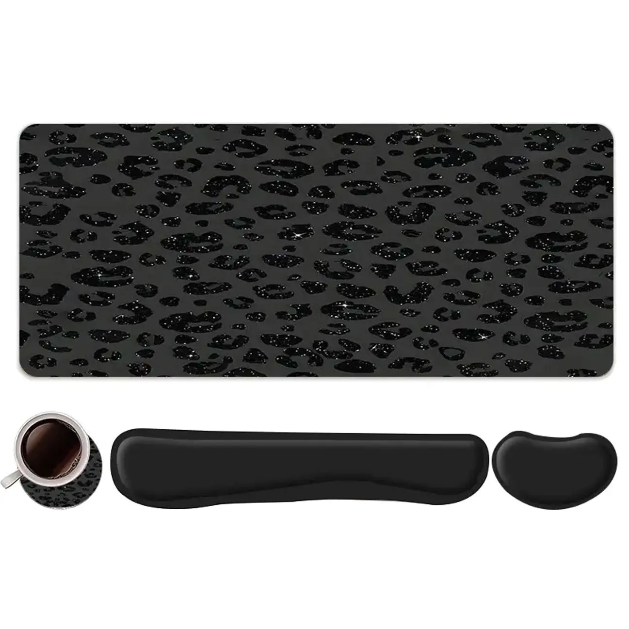 4pcs Black Leopard Print Glitter  Design Mouse Pad + Keyboard Wrist Rest + Ergonomic Mouse Pad + Coaster Set For Desktop Decoration, Office Accessories Set Ergonomic Wrist Support, Computer Mat Mouse Pad Coaster Suitable For Home Office Gaming Mousepad