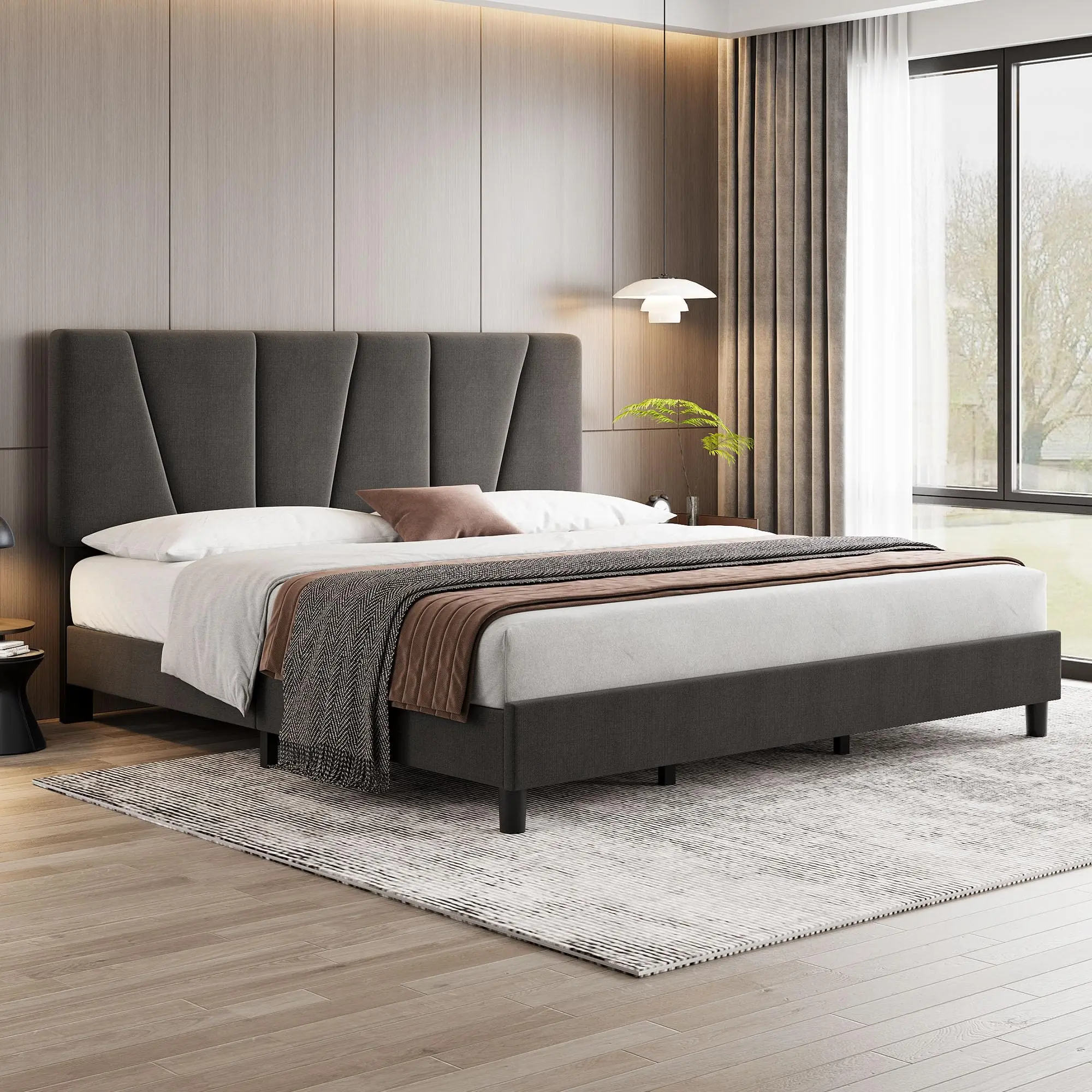 Garvee Height Adjustable Headboard King Bed Frame - Modern Linen Upholstered Platform with Wooden Slat Support, No Box Spring Needed, Dark Gray, for King Size Mattresses, Elegant Bed Frames, Modern Bedroom, Headboard Bed Frames
