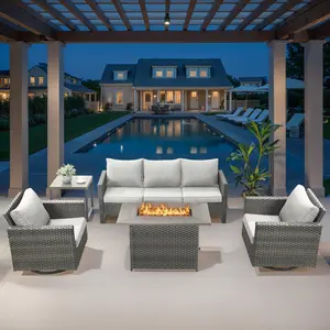 【4 Packages Shipping】5-Piece Patio Set with 41" Gas Fire Pit Table, Swivel Rocker Chairs, GRS Series