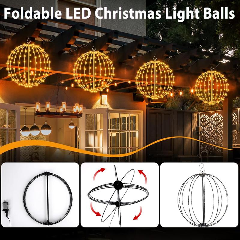 Foldable Large Christmas Ball Lights Diameter LED Decorative Balls Warm White 140 Bulbs Battery Powered 6 Hour Timer for Trees Hanging Strips Gardens Terraces Weddings
