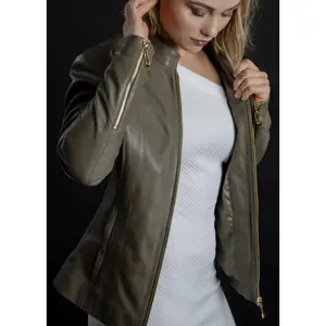 Aspen Ash Grey Sleek Real Leather Jacket with Gold Teardrop zippers