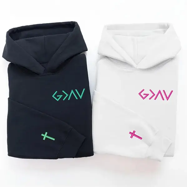 Embroidered God Is Greater Than The Highs and Lows Hoodie, Minimalist Christian Hoodie with Cross on Sleeve, Faith-Based Couples Gift for Him and Her