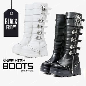 VIMISAOI Knee High Platform Boots For Women Round Toe Chunky Wedge High Heel Side Zipper Metal Buckles Chain Skull Studs Gothic Party Punk Rave Motercycle Concert Festival Summer Boots Jennifers Body Heels Christmas Womens Boots Black Footwear
