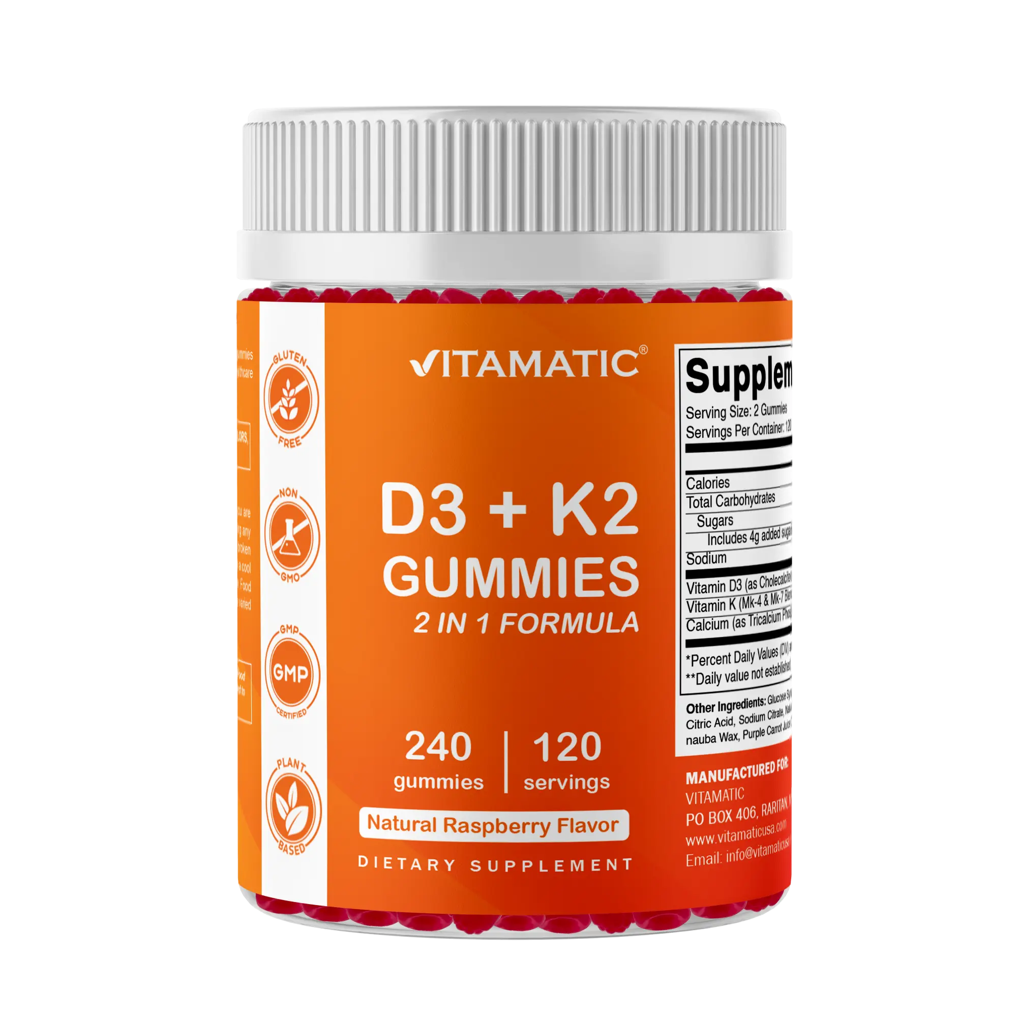 Vitamatic Vitamin D3 K2 with Calcium Gummies - 240 Count - Non-GMO, Gluten Free