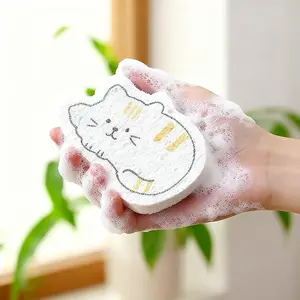 Cute Cartoon Wood Pulp Cotton Dishwashing Sponge Compressed Kitchen Cleaning Scrubber Rich Foaming Oil Absorption Antibacterial Reusable Cleaning Cloth for Dishes Pots Cups Bath