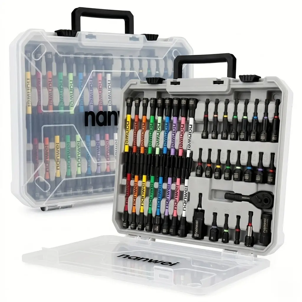 Complete 41 Pieces Nut Driver Bit Set, Color Coded Magnetic Hex Socket Bits + Small Offset Ratchet Wrench, Alloy Steel Impact Driver Accessories with Portable Organizer Box for Household Garage Work