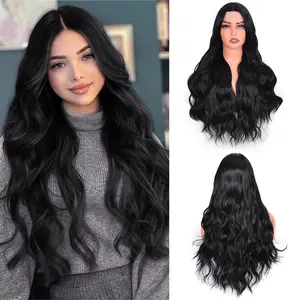 VITORISH Long Wavy Wig for Women 28 Inch Curly Wavy Wig Natural Looking Black Small Lace Synthetic Wigs for Daily Use Black