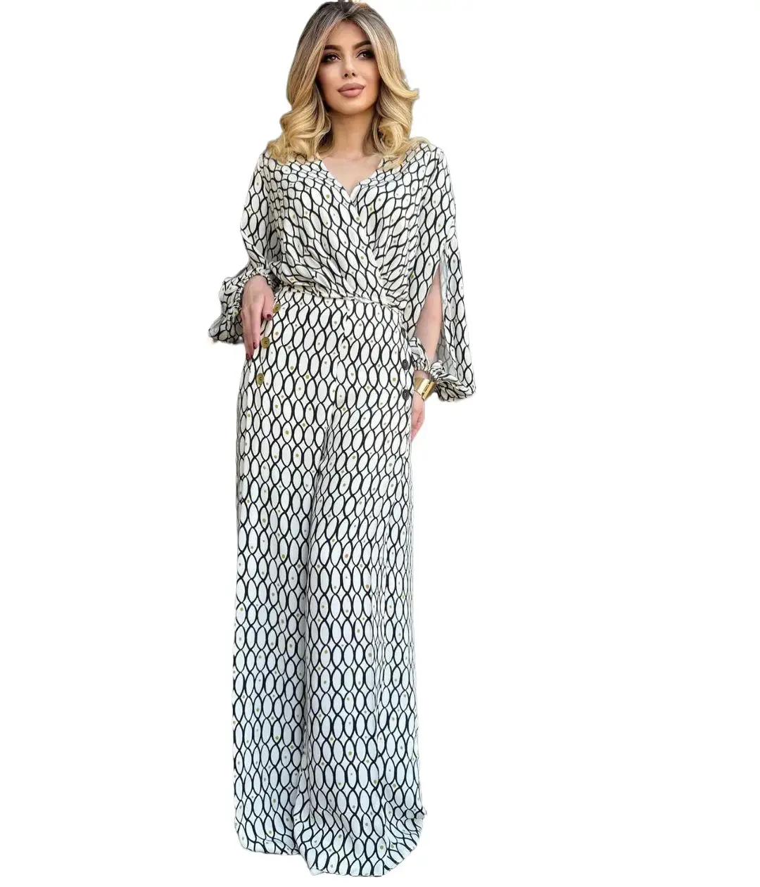 Women's Chic Comfortable Fit 2-Piece Casual Printed Set - Acrylic Longsleeves Top & High-Waist Wide-Leg Ankle-Length Fabric Pants, Loose, Clothes, Lantern Sleeve, Plus Size