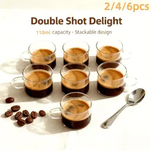 Transparent Durable Glass Cup Set with Handles, Coffee Cups, Gongfu Tea Cups, 110ML Espresso Cups, Mini Wine Glasses, Shot Glass Set, 2/4/6pcs