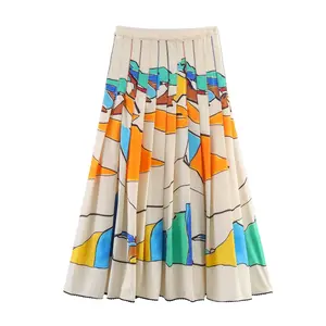 Wide pleated mid length printed skirt for women