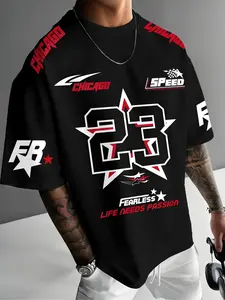 Chicago "Fearless" Racing Graphic T-Shirt, Black Oversized, Baggy, Loose Number Print Cotton Streetwear T-Shirt, Men's Y2K Retro Motorsport Aesthetic Tees, Bold Number 23 & "Life Needs Passion" Quote Design, Comfort Soft Fabric Daily, Street, Casual Style