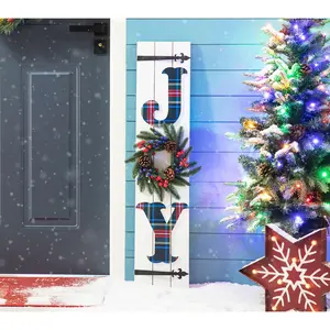Glitzhome 36" Wood Plaid Joy Porch Sign withWreath
