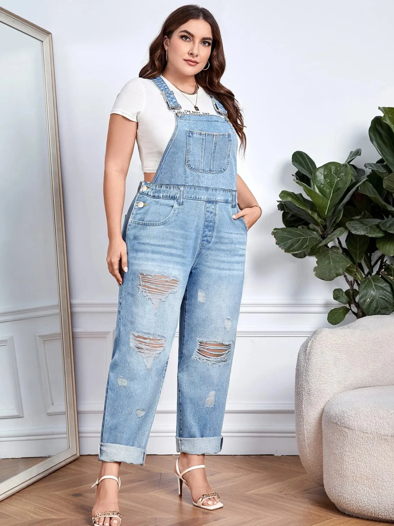 Plus Size Light Blue Ripped Overalls, Loose-Fit Straight Leg Denim Jumpsuit, Casual Versatile Youthful Look, Belly-Friendly Hip-Covering Style