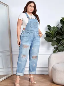Plus Size Light Blue Ripped Overalls, Loose-Fit Straight Leg Denim Jumpsuit, Casual Versatile Youthful Look, Belly-Friendly Hip-Covering Style