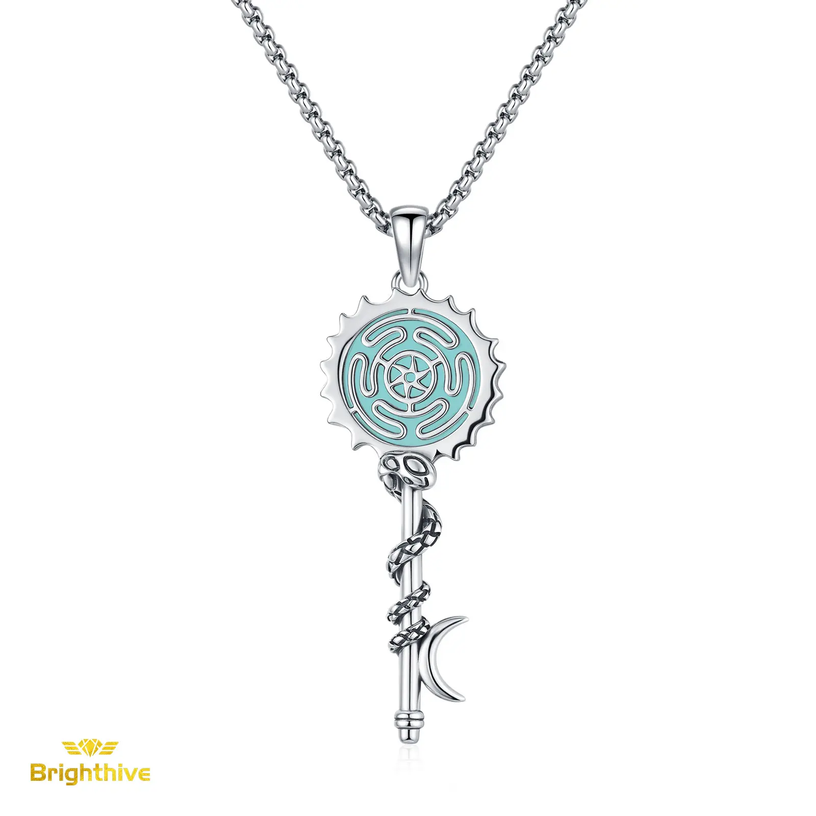S925 Sterling Silver Brighthive Hecate Goddess Key Necklace - Hecate Wheel Symbol Pendant with Moonstone, Daily Wear Jewelry, Ideal for Holiday & Special Commemorative Gifts with Fate Goddess Blessing