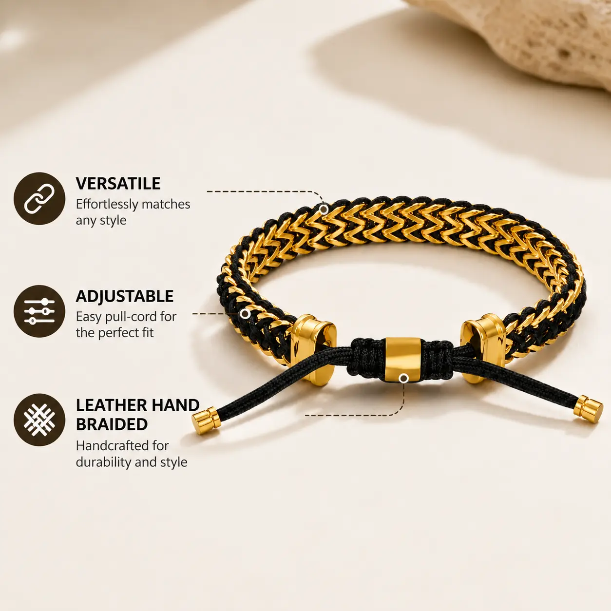 Luxury Style Black Gold Bracelet Men, Braided Leather Rope Wristband, Fashion Accessories for Everyday Wear