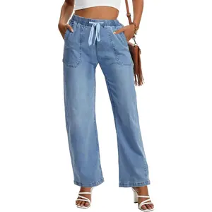 Women Wide Leg Jeans Stretchy Baggy High Waisted Denim Pants Pull On Straight Leg Casual Drawstring Trousers Fall