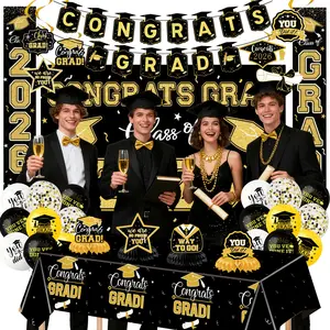 Class of 2026 Black & Gold Graduation Decorations Set – Complete Party Supplies with Elegant Backdrop, Balloons & Congrats Grad Banner for Home, Classroom, High School & College