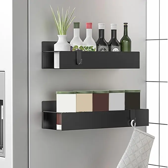 Metal Magnetic Spice Rack for Refrigerator – 2 Pack Strong Magnet Organizer Shelves – Black Heavy-Duty Spice Storage for Kitchen, Pantry, Laundry, Apartment