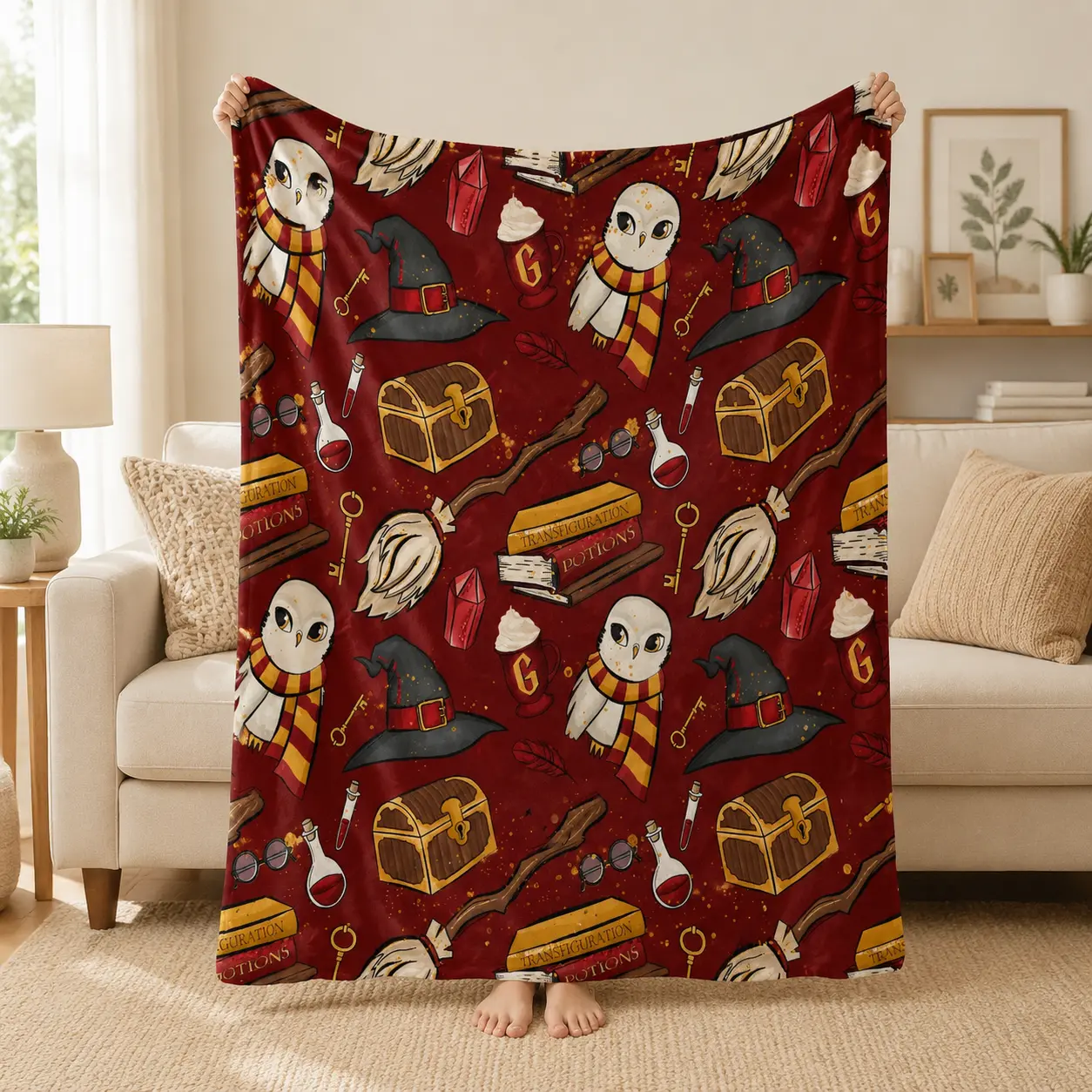 Soft Flannel Burgundy Red Wizard Owl Magic Hat Wand Book Continuous Print Seamless Pattern Throw Blanket, Cozy Room Decor Gift for Fantasy Magic Fans