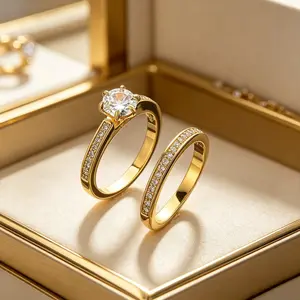 Elegant Golden-Tone Engagement & Wedding Ring Set for Women, 2-Piece Timeless Statement Band with Sparkling Accents, Perfect Bridal Jewelry Gift for Valentine's Day, Anniversaries & Special Occasions