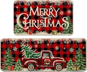2pcs Christmas Kitchen Floor Mat Set Christmas Kitchen Rug Set Farmhouse Truck Red Buffalo Plaid Christmas Kitchen Decor Perfect for Kitchen Home Office Laundry Room Bathroom Timeless Farmhouse Decor Premium Flange 0.47 Inch Memory Foam Non-Slip Back Pad