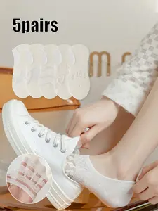 Women's Sheer Invisible Preppy Socks Summer Thin Mesh Silicone Anti-Slip Hollow Out Low-Cut Short Socks, Pack of 5 Pairs