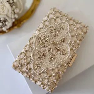Beaded Ivory Cream Velvet Bridal Clutch Zardosi Wedding Purse
