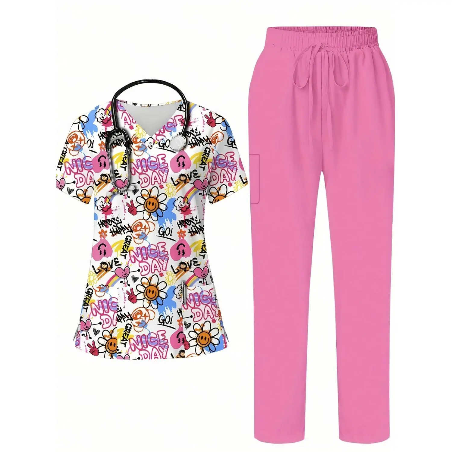 Cute Cartoon Print V-Neck Short Sleeve Nurse Top with Forked Hem & Pocket, Matching Solid Color Nurse Pants, Comfortable Nursing Work Outfit