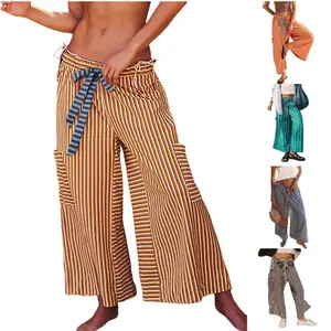 SCUSTY Women Drawstring Striped Pants Loose Wide Leg Lounge Pants Casual Palazzo Pants Trousers with Pockets