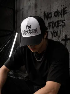 I’m Broken Trucker Hat for Men Streetwear Embroidery Hat Black White Mesh Baseball Hat Edgy Urban Style Adjustable Fishing Cap Goth Grunge Aesthetic Casual Outdoor Fashion Gift Idea Unisex Cool Statement Hat TikTok Shop USA Trending Cap