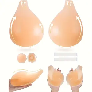Adhesive Strapless Bra 2 Pairs & Silicone Nipple Covers 1 Pair, Invisible Push Up Sticky Bra for Large Breast Backless Silicone Bras Reusable